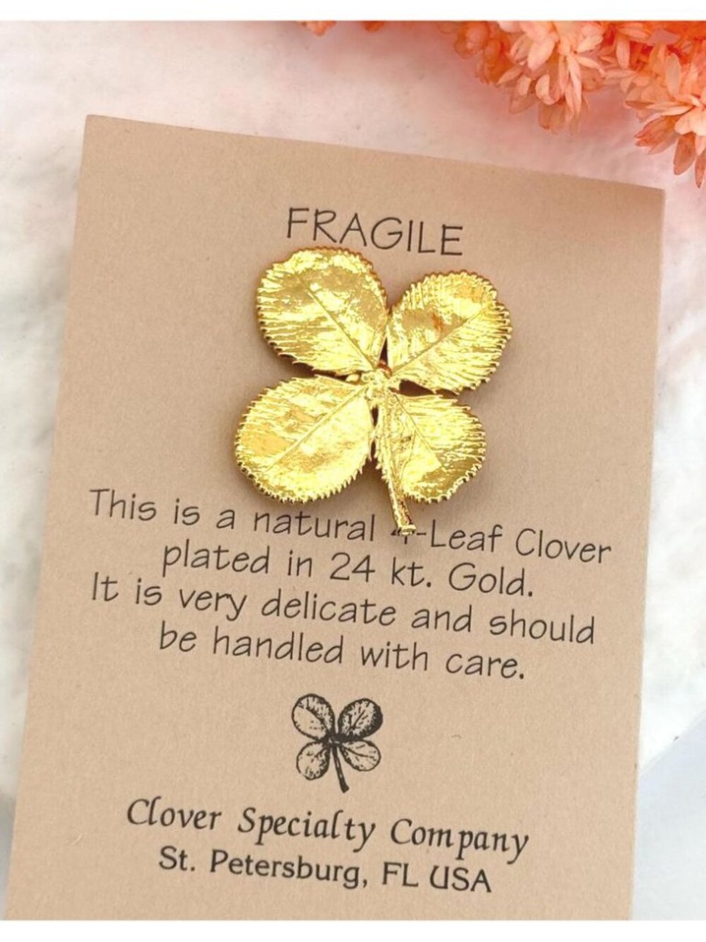 24k Gold Plated 4 Leaf Clover Shamrock Vintage Pin Back - Lucky Golden Clover
